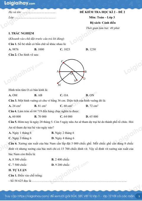Đề kiểm tra học kì 2 Toán 3 Cánh diều - Đề số 2